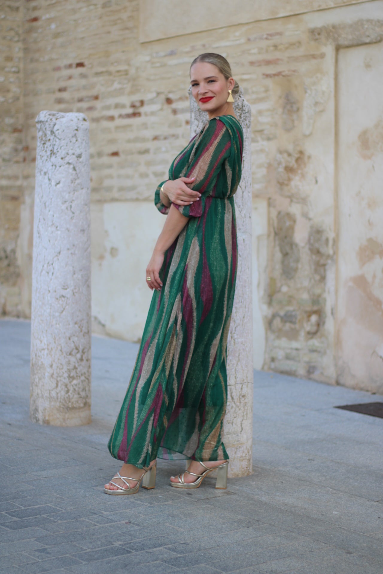 Vestido Largo de Fiesta con Estampado Ondulado verde