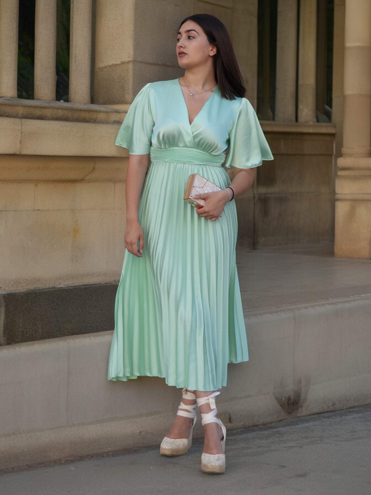 Vestido Lorena Plisado Verde Agua