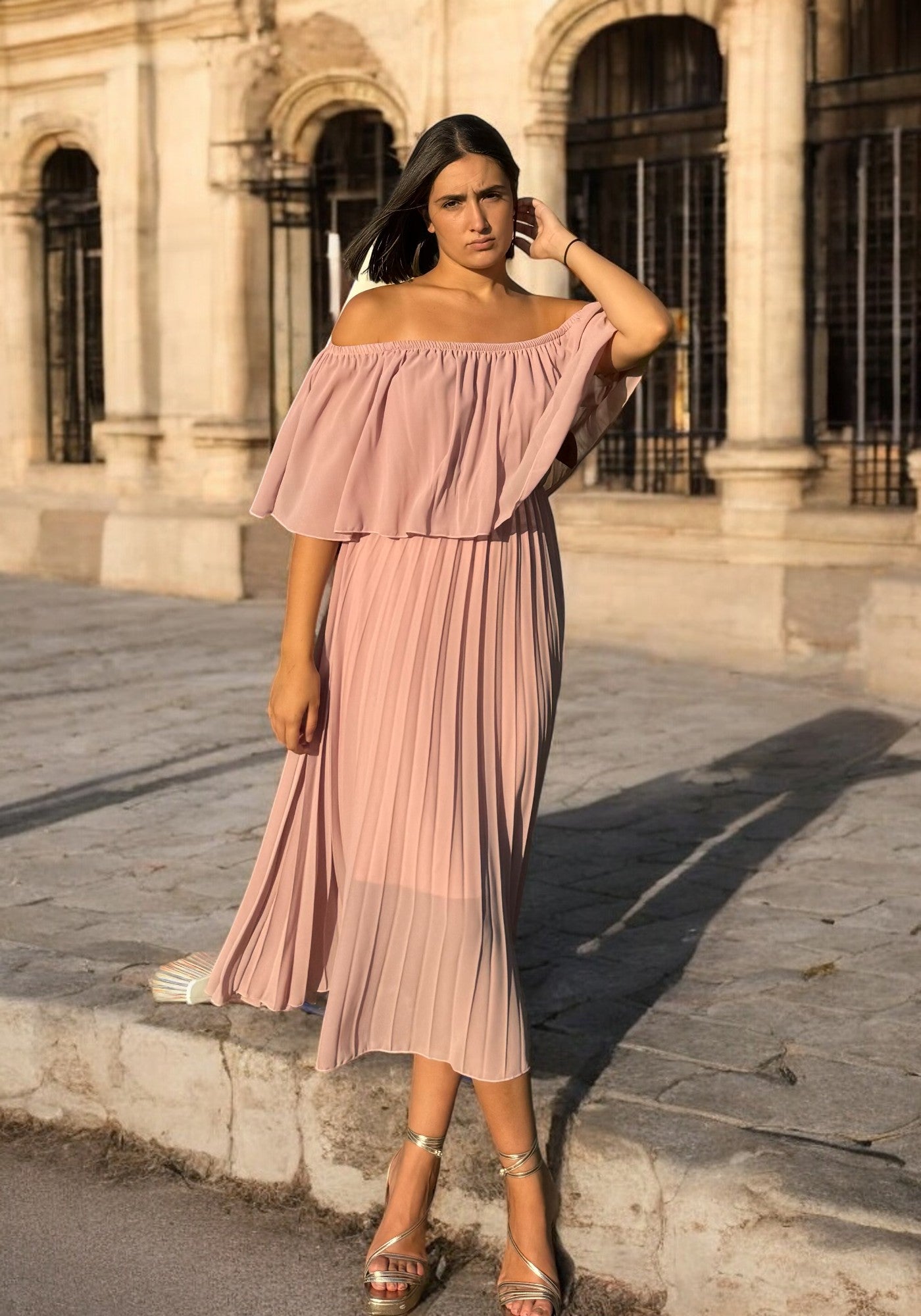 Vestido Vuelo Plisado Rosa Nude