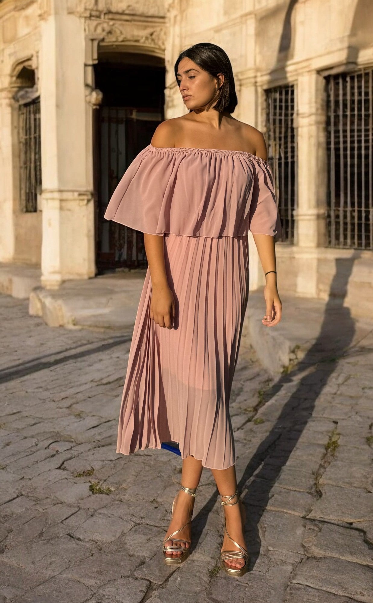 Vestido Vuelo Plisado Rosa Nude